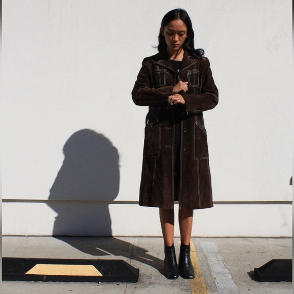 Vintage Y2K Guess Sueded Brown Leather Women's Trench Coat Size Small - Picture 5 of 8